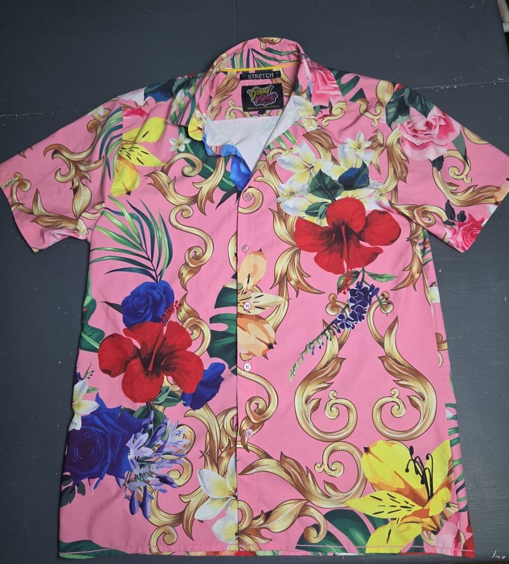 Good Vibes Floral Hawaiian Shirt Mens Medium Pink Tropical Stretch Button Up